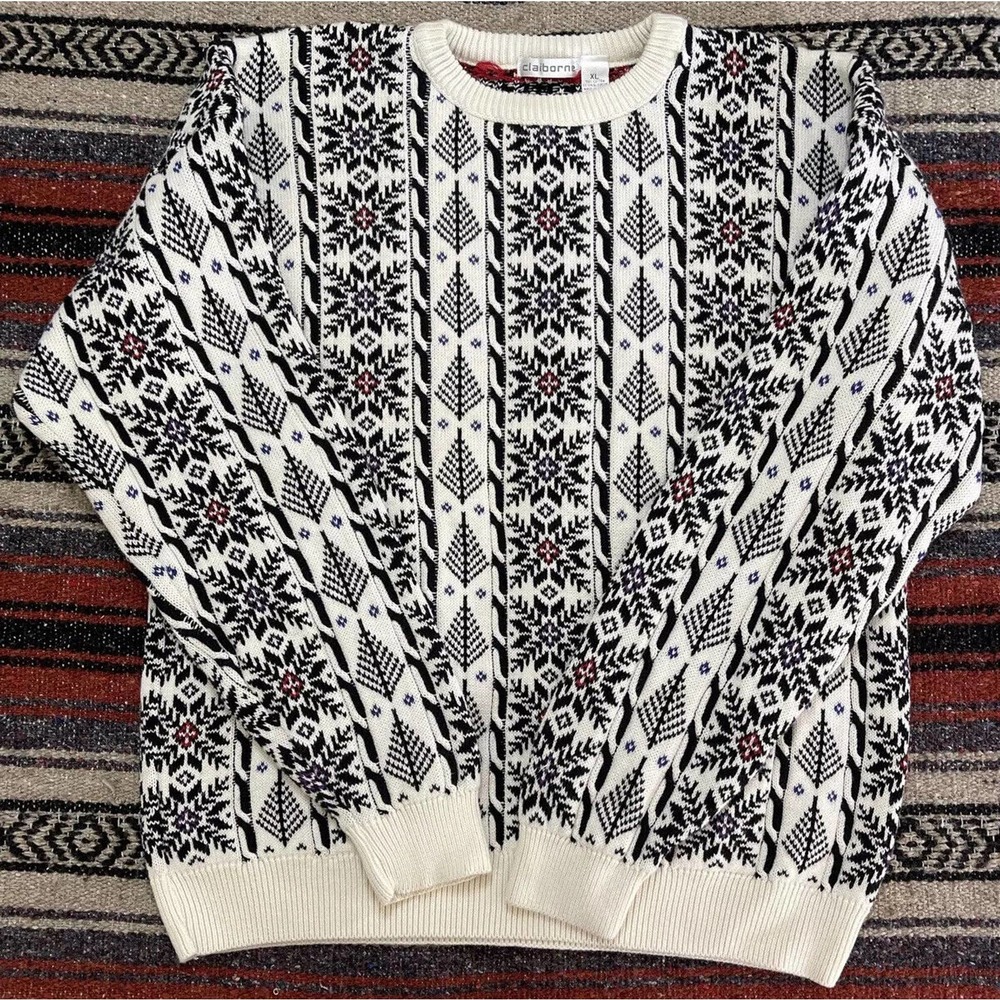 Vintage Liz Claiborne Black White Snowflake Winter Knit Pullover Sweater, XL USA